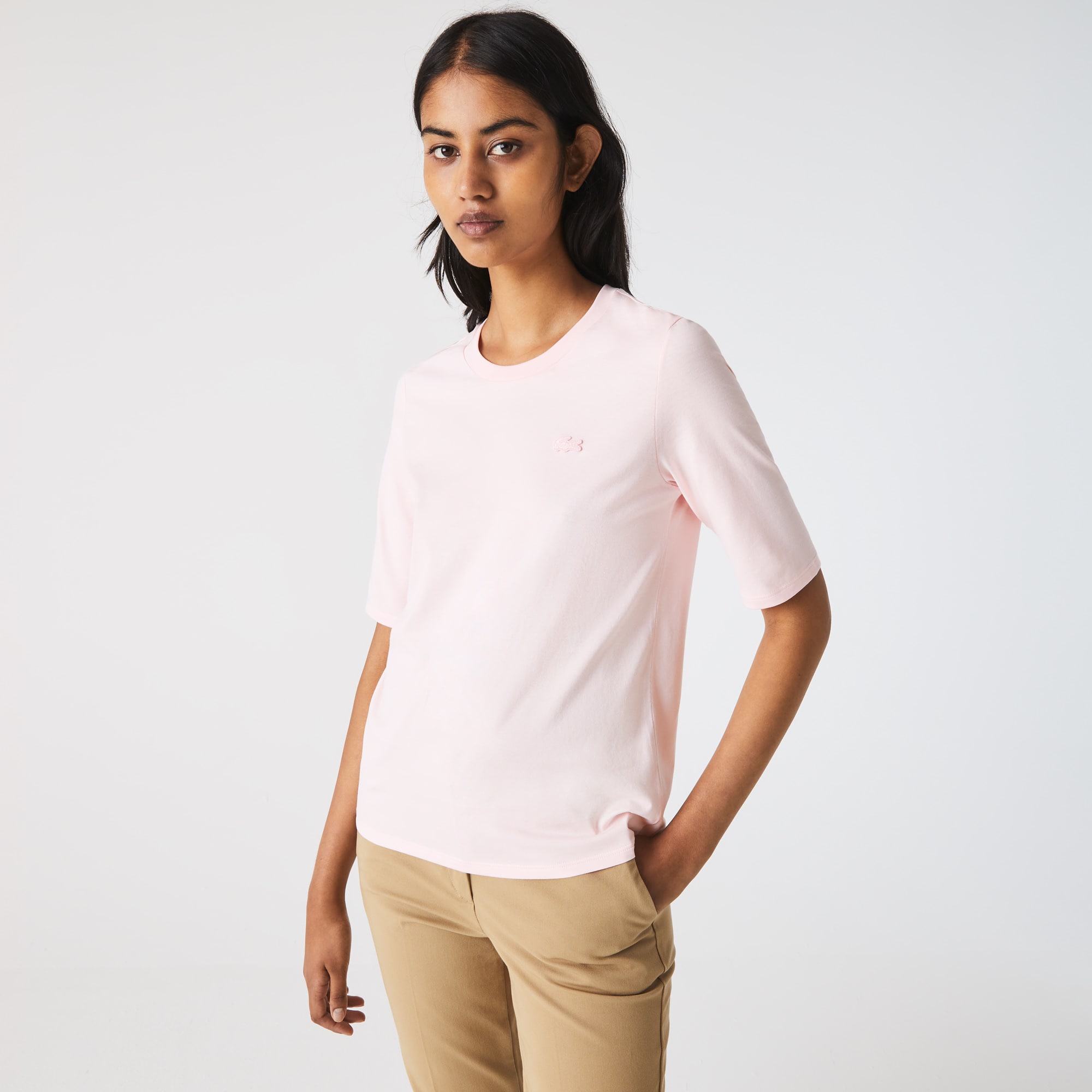 T-shirt à col rond et manches trois-quarts en coton uni T-Shirts - Rose - Lacoste - Femme
