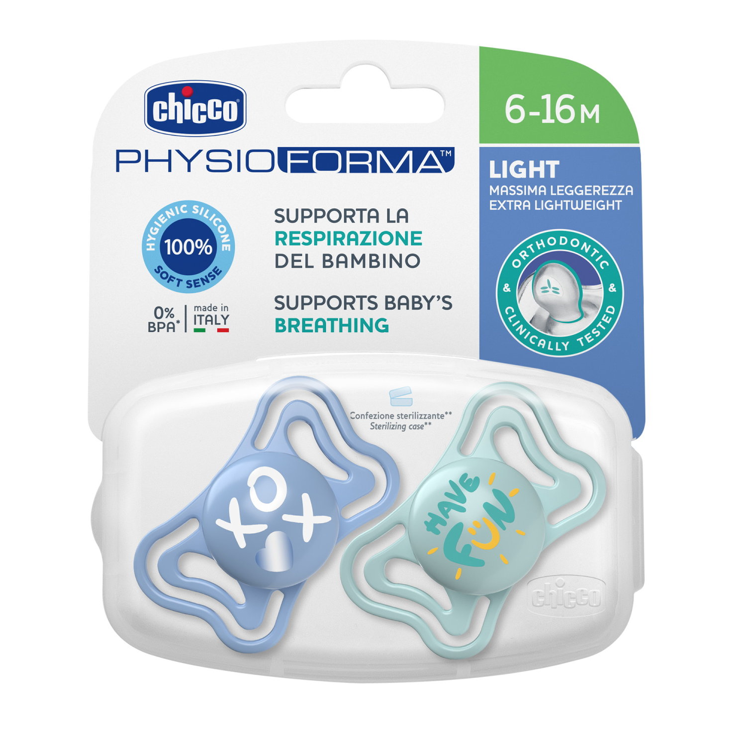 CHICCO Physiologischer Beruhigungssauger PHYSIO FORMA LIGHT Silikon BLUE 6-16m 2 Stk