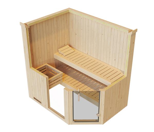 Weka Ecksauna Varberg mit Glastür und Fenster