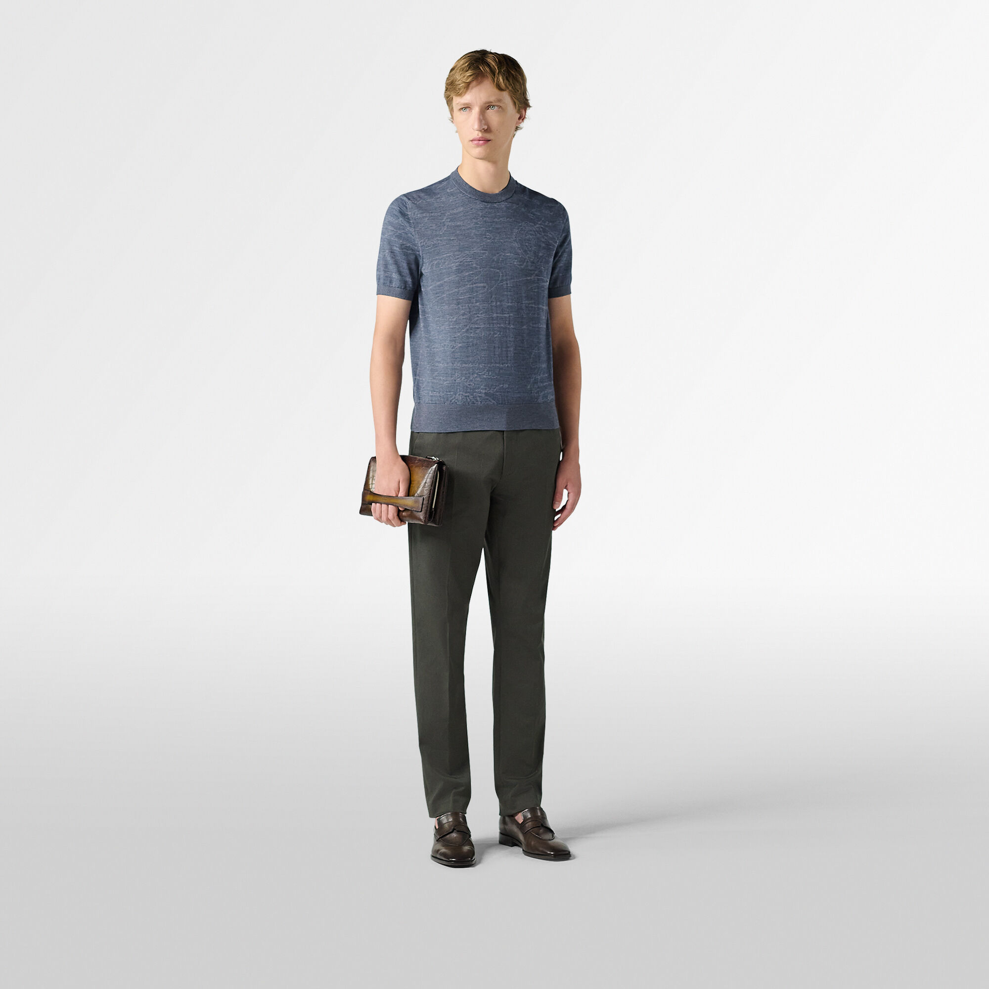 Pull Manches Courtes Leger En Laine Avec Jacquard Scritto