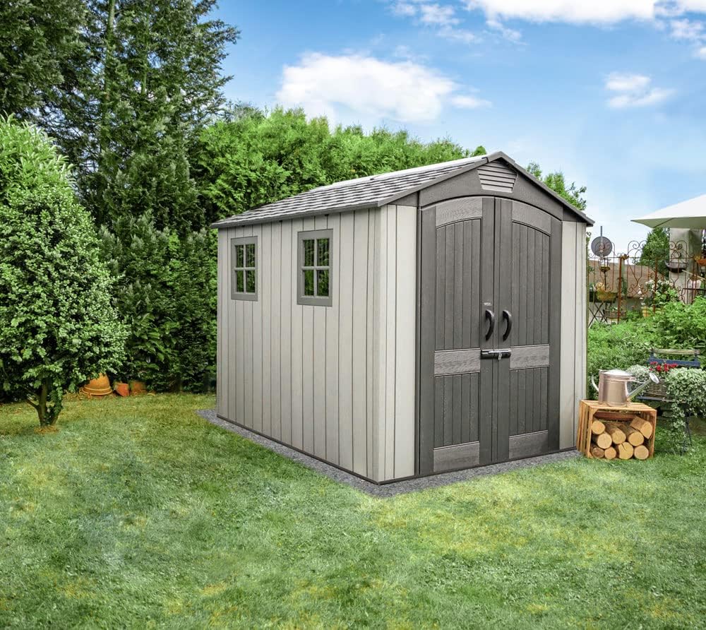 Lifetime Kunststoff Gerätehaus Luna | 280x213x228 cm | Mit Bodenplatte & Zubehör | Wetterfest & UV-beständig | Hohe Schneelast 195 kg/m² | Lichteinlass über den First | Doppeltür & Belüftungssystem