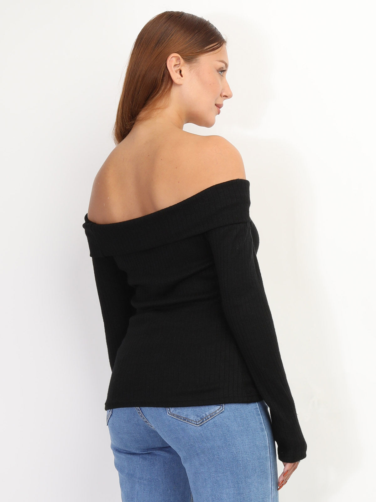 Pull bardot en maille côtelée- Noir