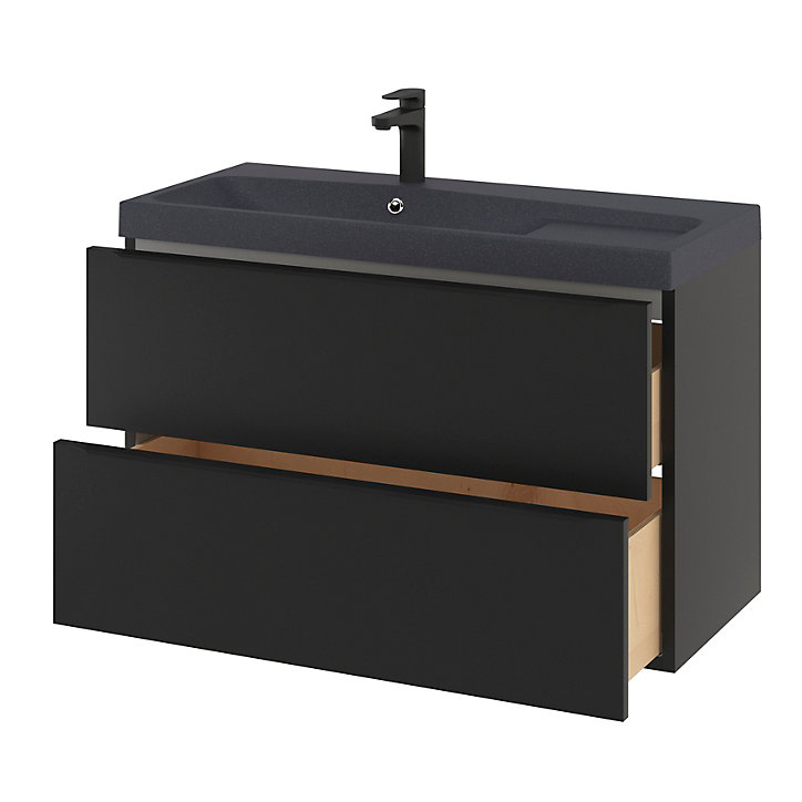 Ensemble salle de bains l.100 cm meuble à suspendre Imandra noir mat + plan vasque résine noir