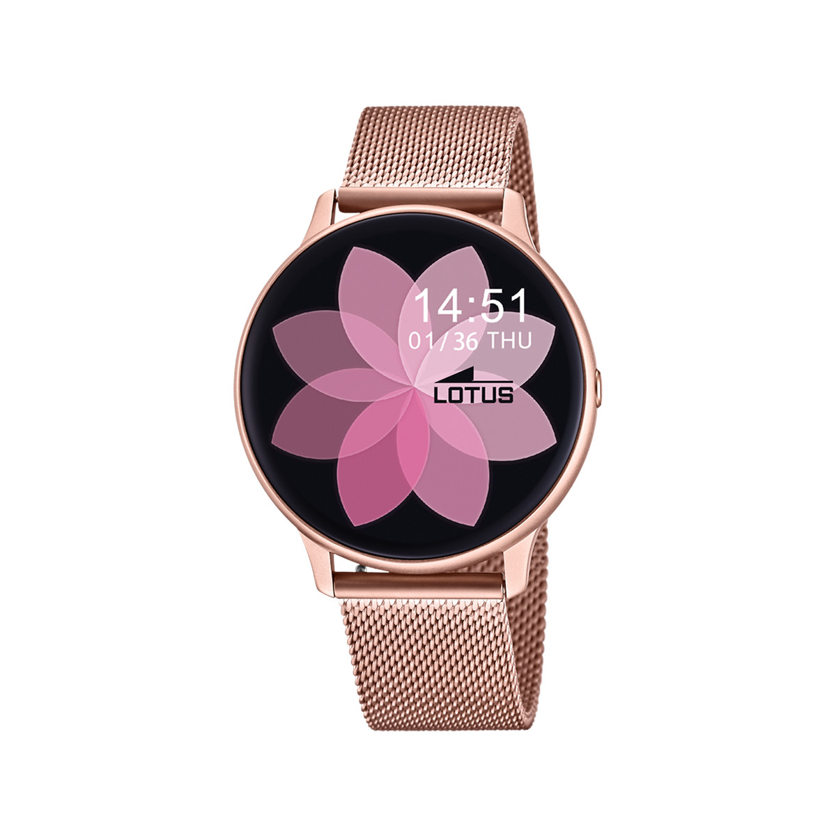 Montre Lotus femme connectée bracelet maille milanaise doré rose