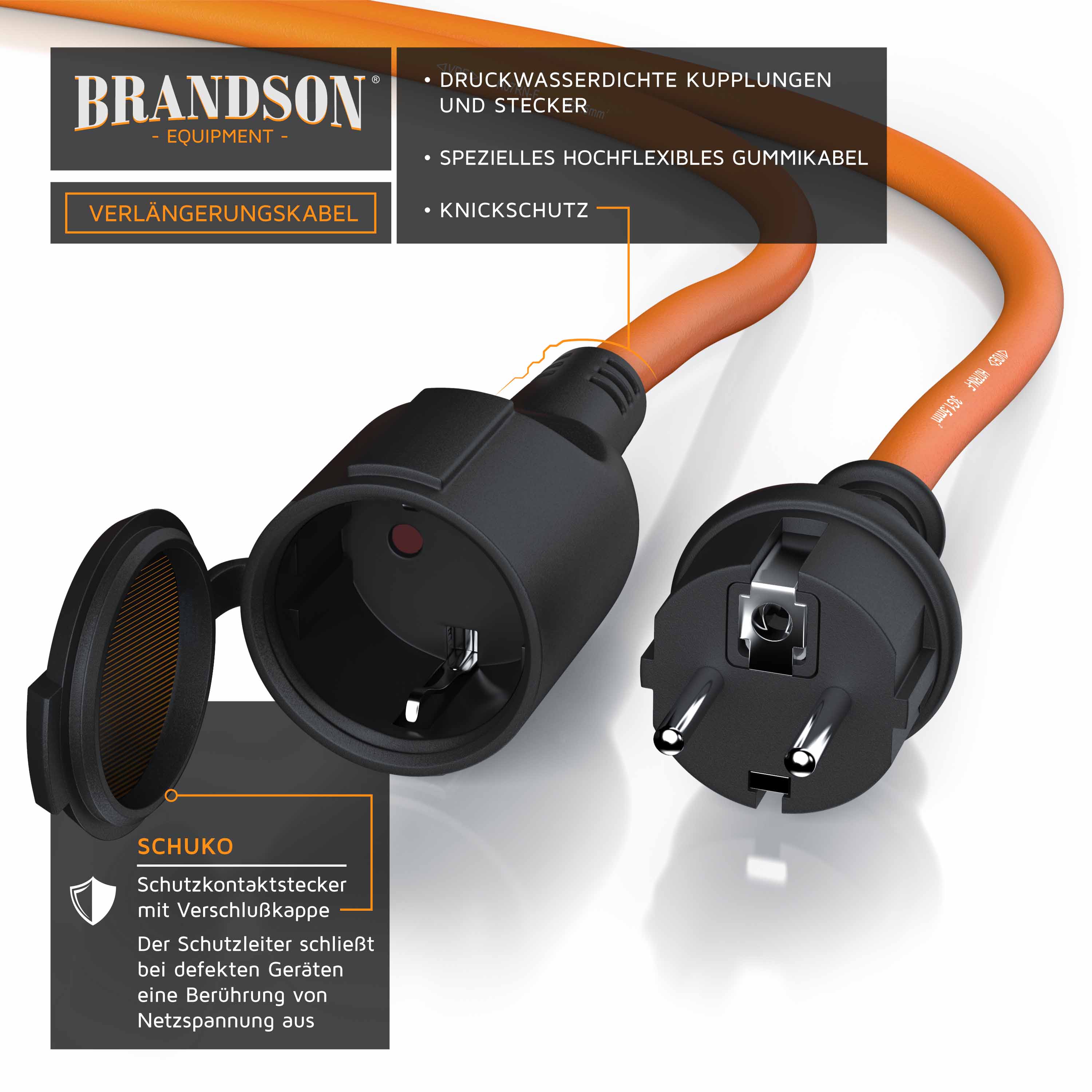 Brandson Verlängerungskabel, Typ F Schutzkontakt, Stromkabel Verlängerung für den Außenbereich 3500W, Outdoor, IP44 - 25m