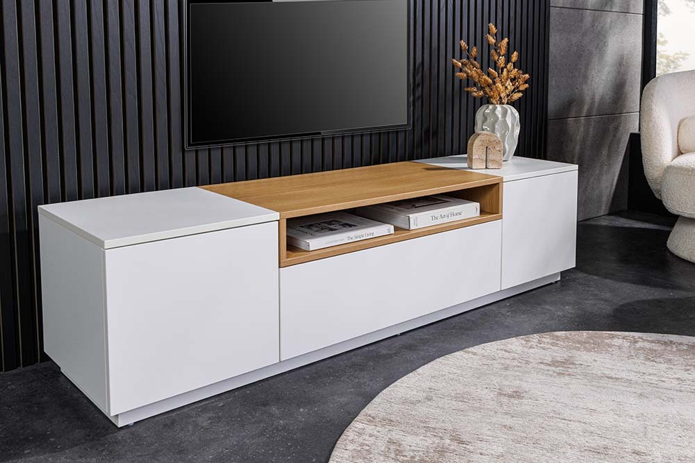 Modernes TV-Board LOFT 160cm weiß natur drei Fächer mit Schublade