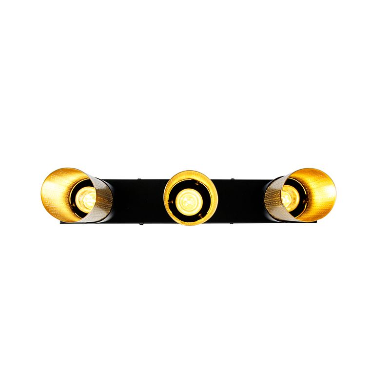 Industriële plafondlamp zwart met goud langwerpig 3-lichts - Raspi