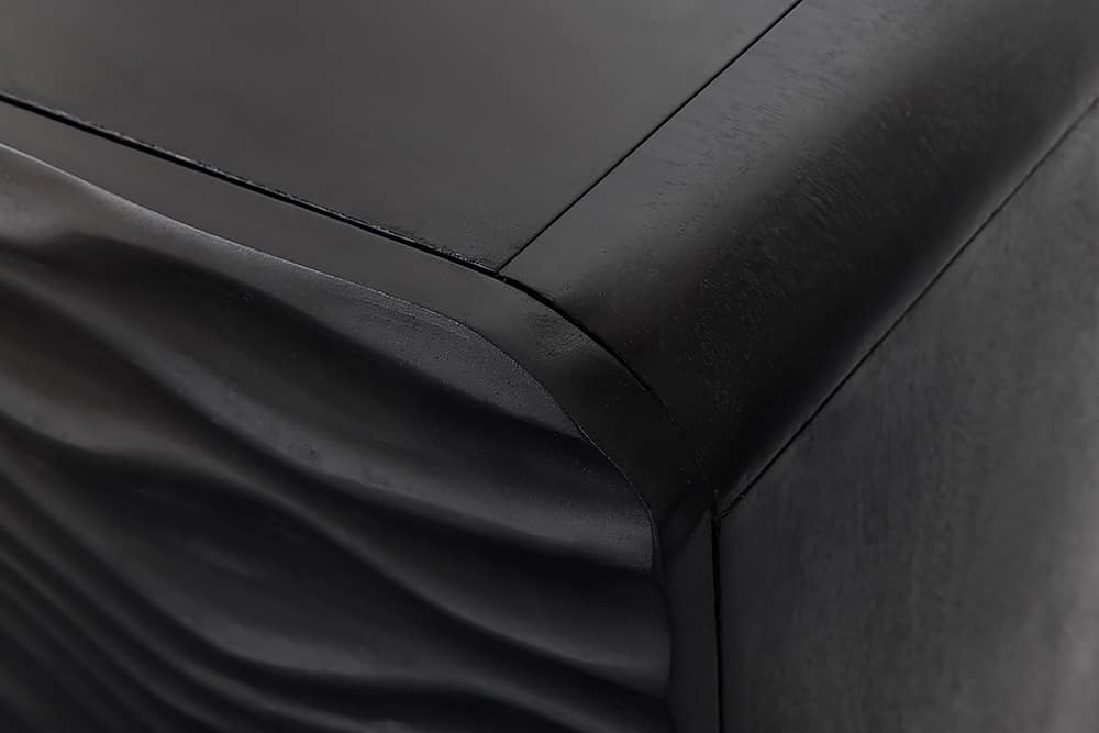 Design Highboard WAVE 120cm schwarz Mangoholz mit 3D Schnitzereien mattgold Metallbeine