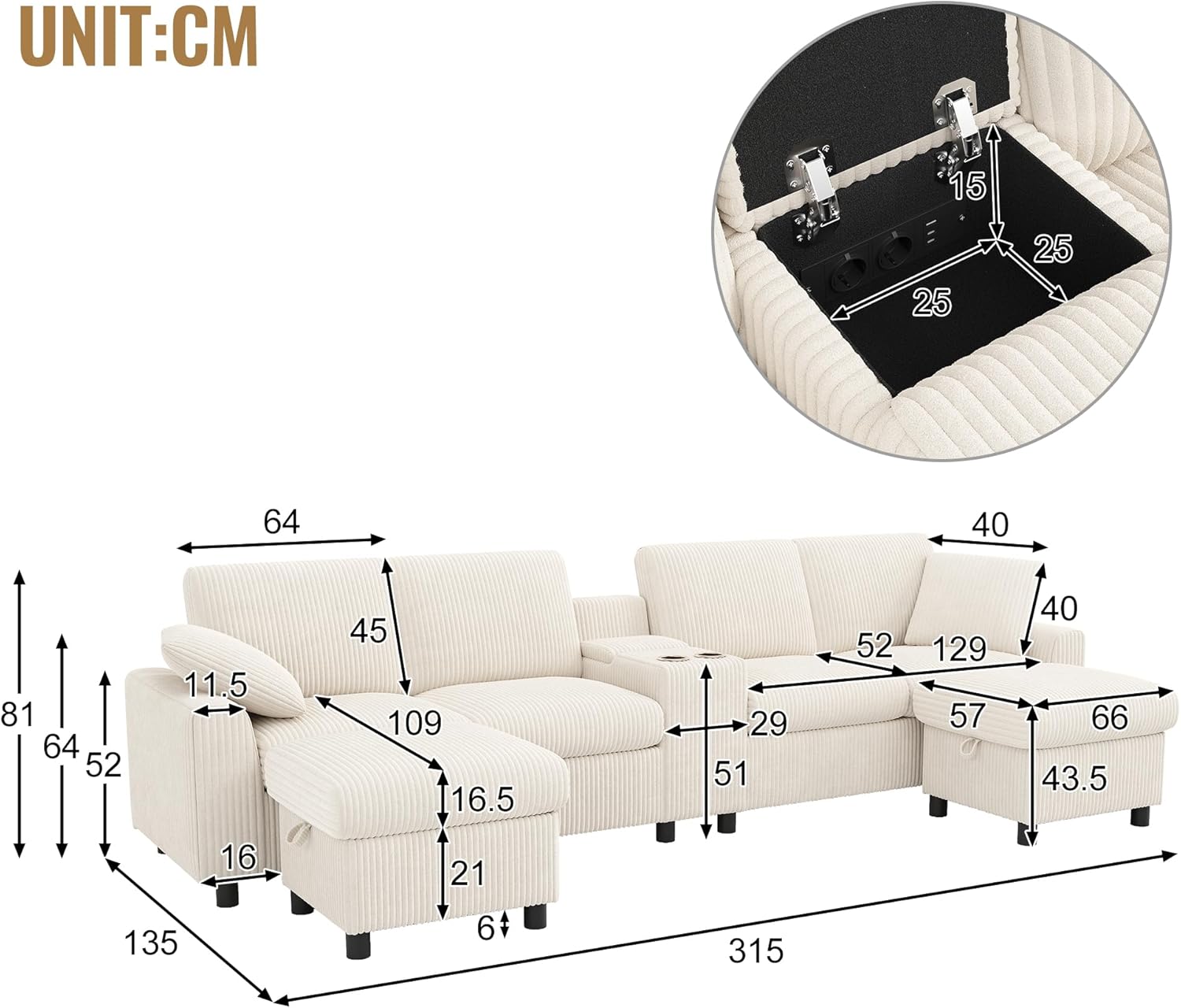 Merax Ecksofa U-förmiges Sofa Modulares 4-Sitzer Couch mit multifunktionalem Fußhocker (L/U-Form), 2 Steckdosen, USB+Type C, Staufächern und Getränkehaltern, Cordbezug, Beige