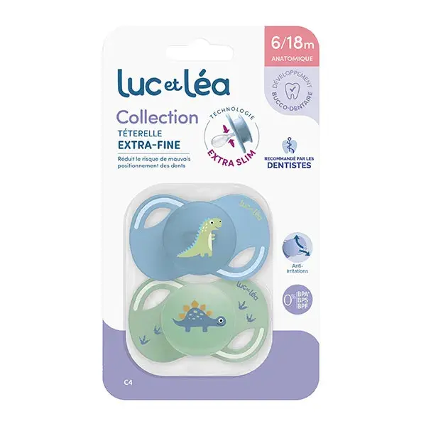 Luc et Léa Collection 2 Sucettes Anatomiques Tetine Extra-slim 6-18 mois Dino