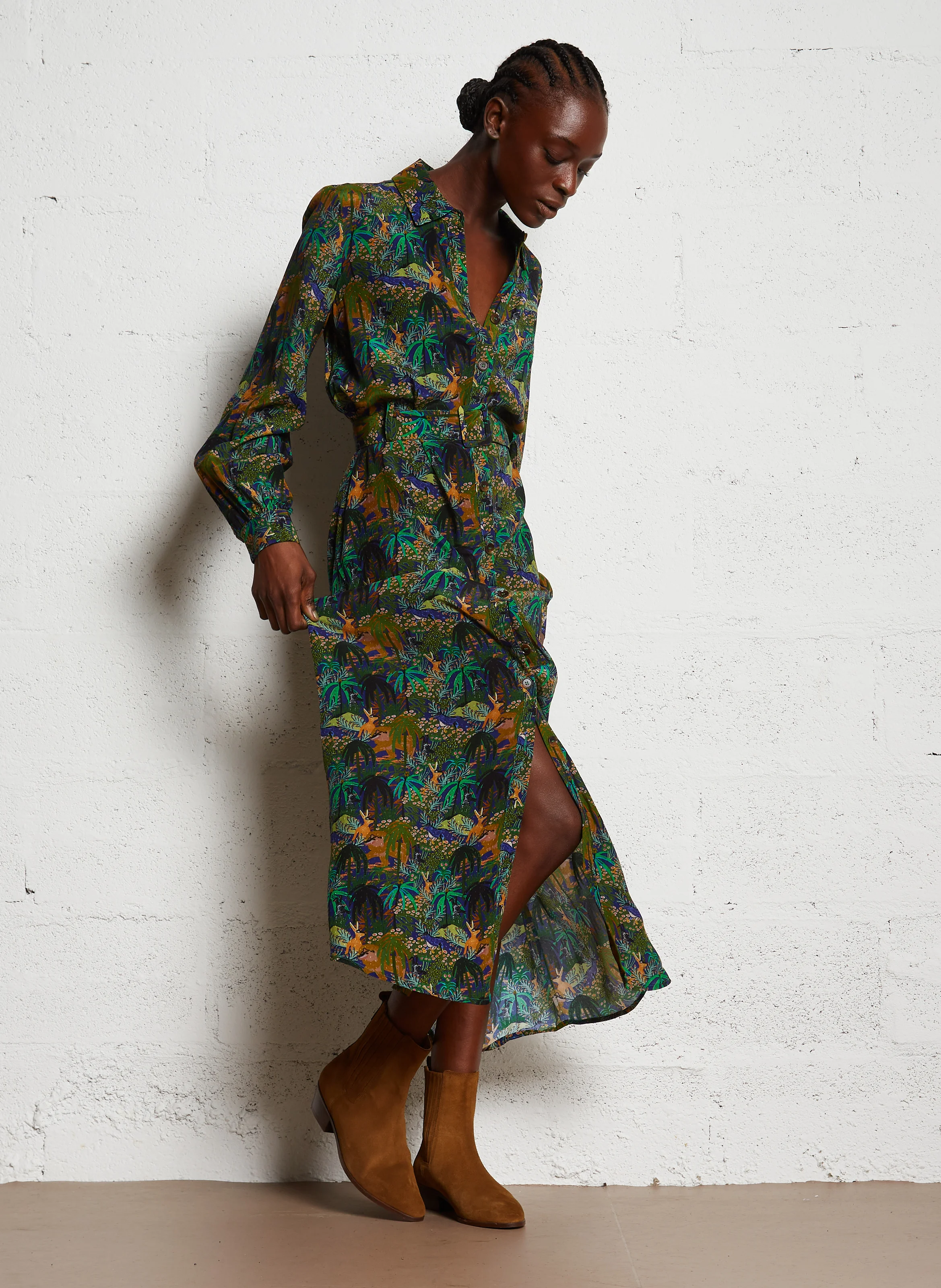 MILENA - Robe longue col classique imprimée | Multicolore