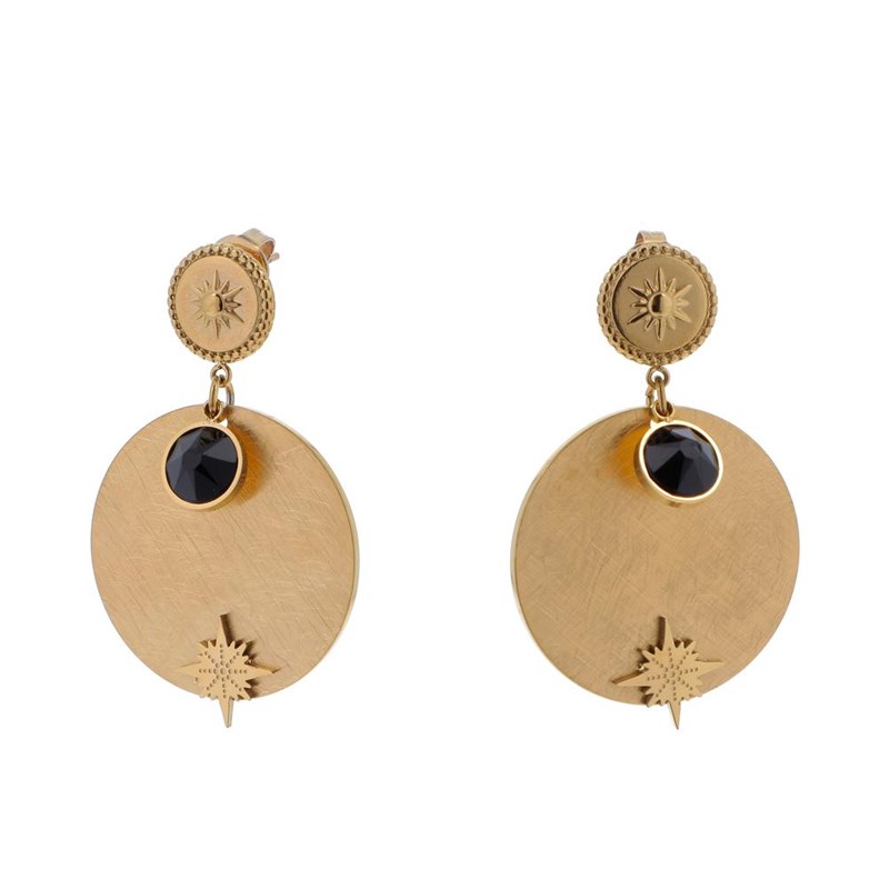 Boucles d'oreilles en acier dorées avec pierre crystal noire