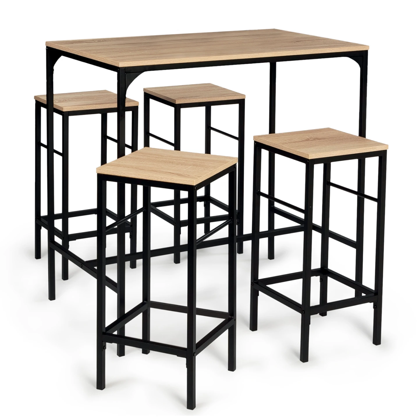 Ensemble table haute de bar DETROIT 100 cm et 4 tabourets bois et métal noir design industriel