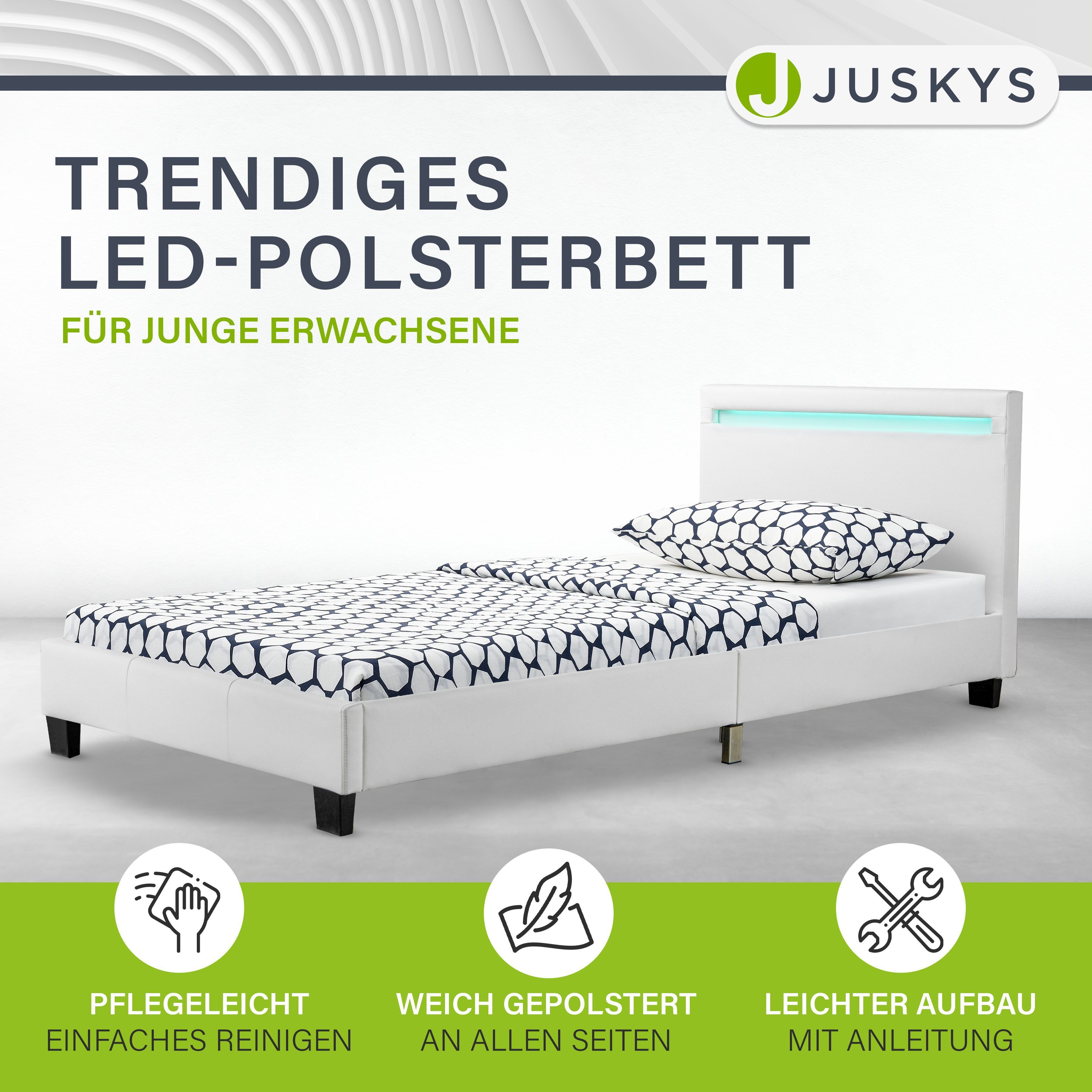 Juskys Polsterbett Verona 90x200 cm weiß mit Matratze – Einzelbett + LED-Beleuchtung & Lattenrost