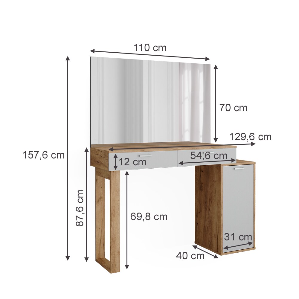 Vicco Schminktisch Regina Eiche Weiß 130 cm mit 2 Schubladen