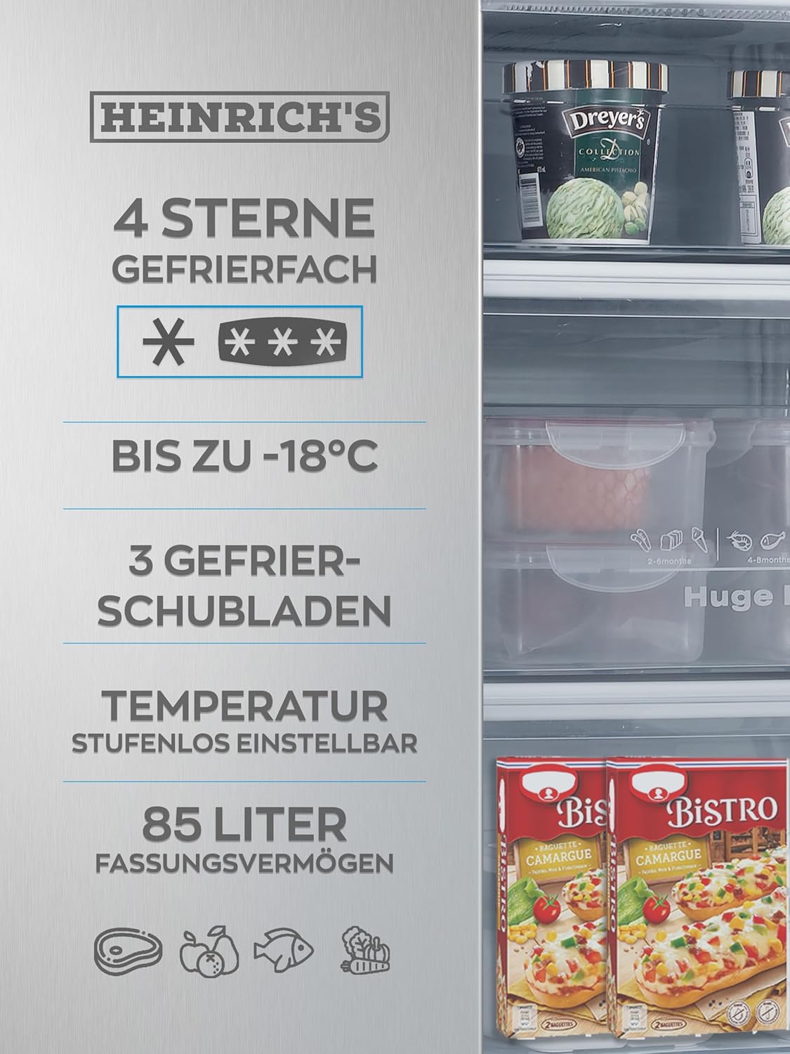 Heinrich´s Gefrierschrank, Mini, Temperatur:-18°C~-38°C, Freezer, 3x Gefrierschublade, Stufenloser Temperaturregler,Airflow, wechselbarer Türanschlag, 85 Liter Nutzinhalt, inox