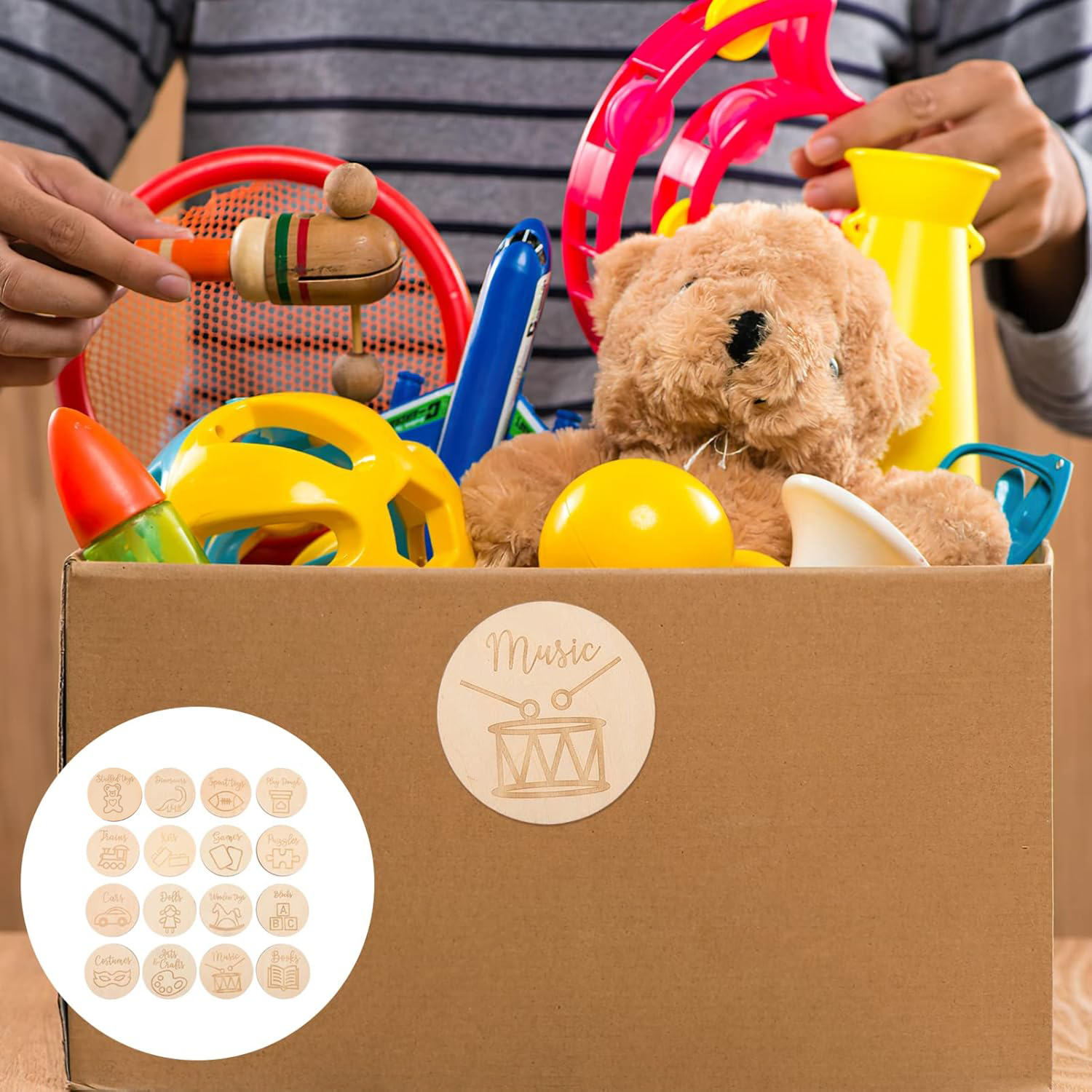 (16er Set) Selbstklebende Holz Schilder Organzier Etiketten Spielzeug Kennzeichnung mit Gravur für Kinderzimmer - Braun