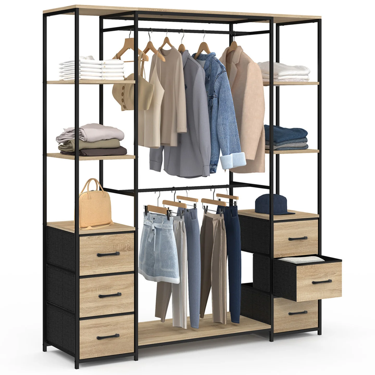 Dressing double penderie + double colonne L. 140 cm UTAH avec 6 étagères et 6 bacs en tissu bois et noir