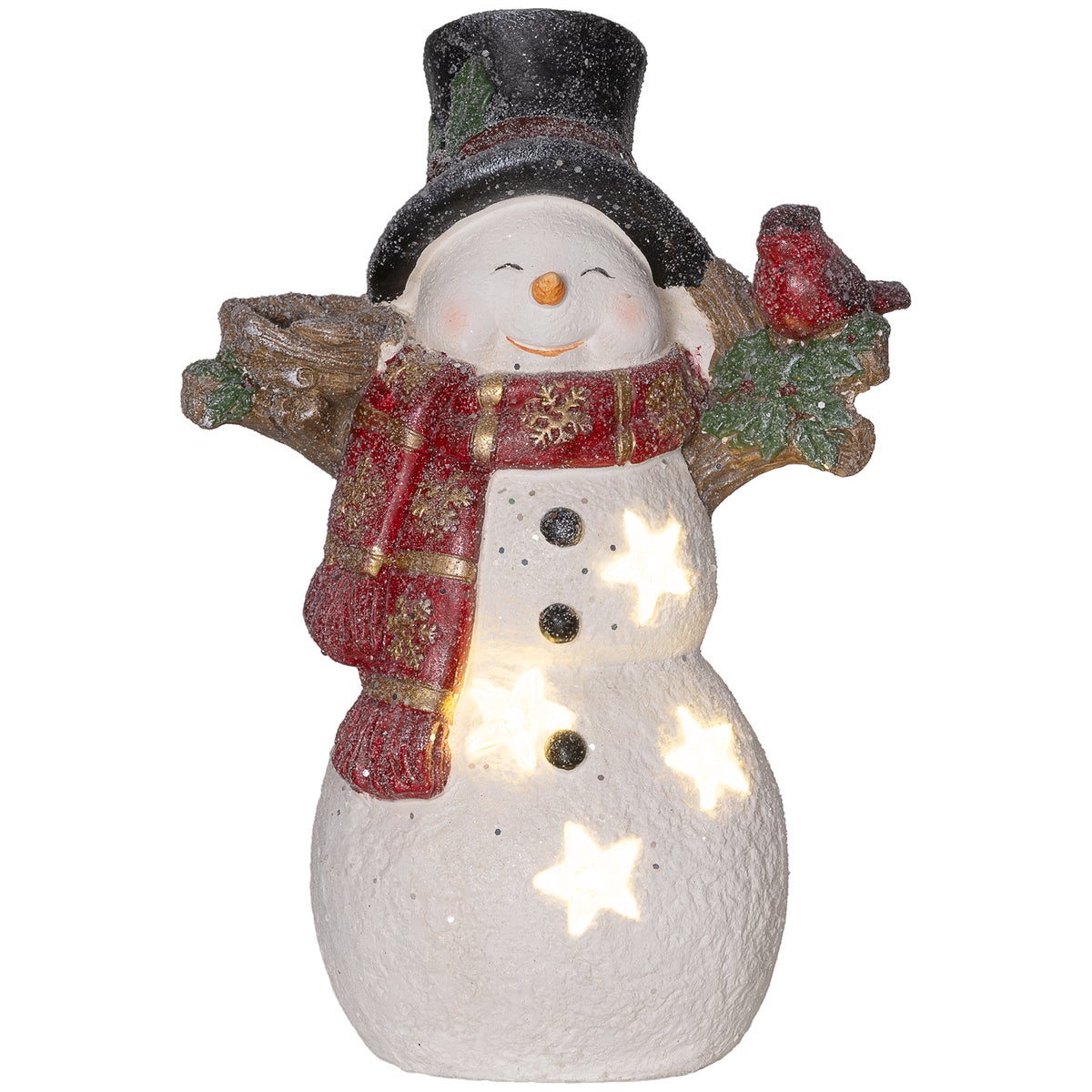HOMCOM Kerstdecoratiefiguur, sneeuwpop met sjaals, mutsen en vogels, 38 cm Kerstfiguur met LED-licht, decoratief figuur voor Kerstmis, voor binnen en buiten