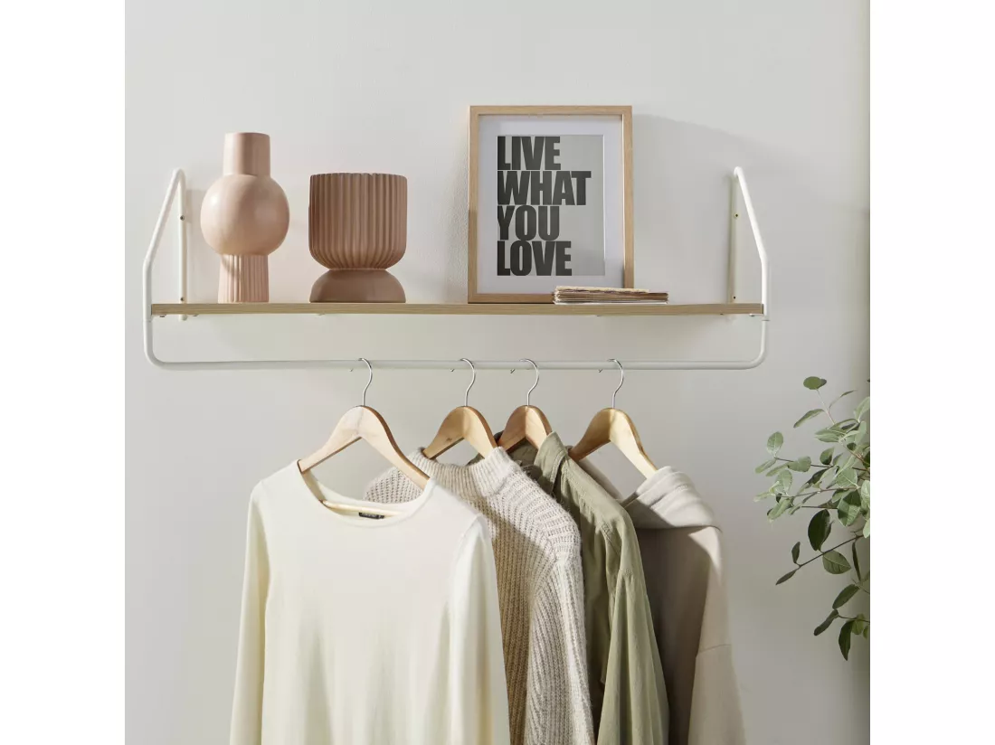 Penderie étagère murale bois et métal blanc L90 cm NELO