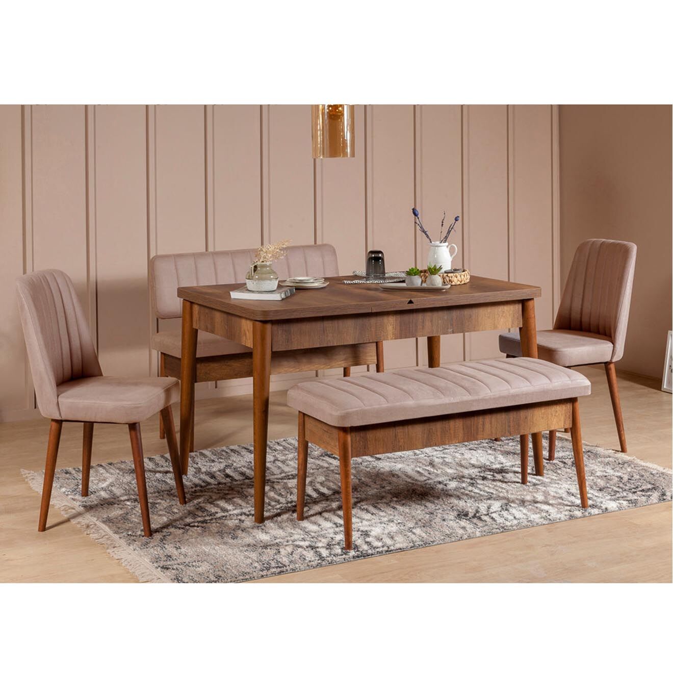 Homitis Ensemble Table + 2 Chaises + 2 Bancs Vina beige/gris