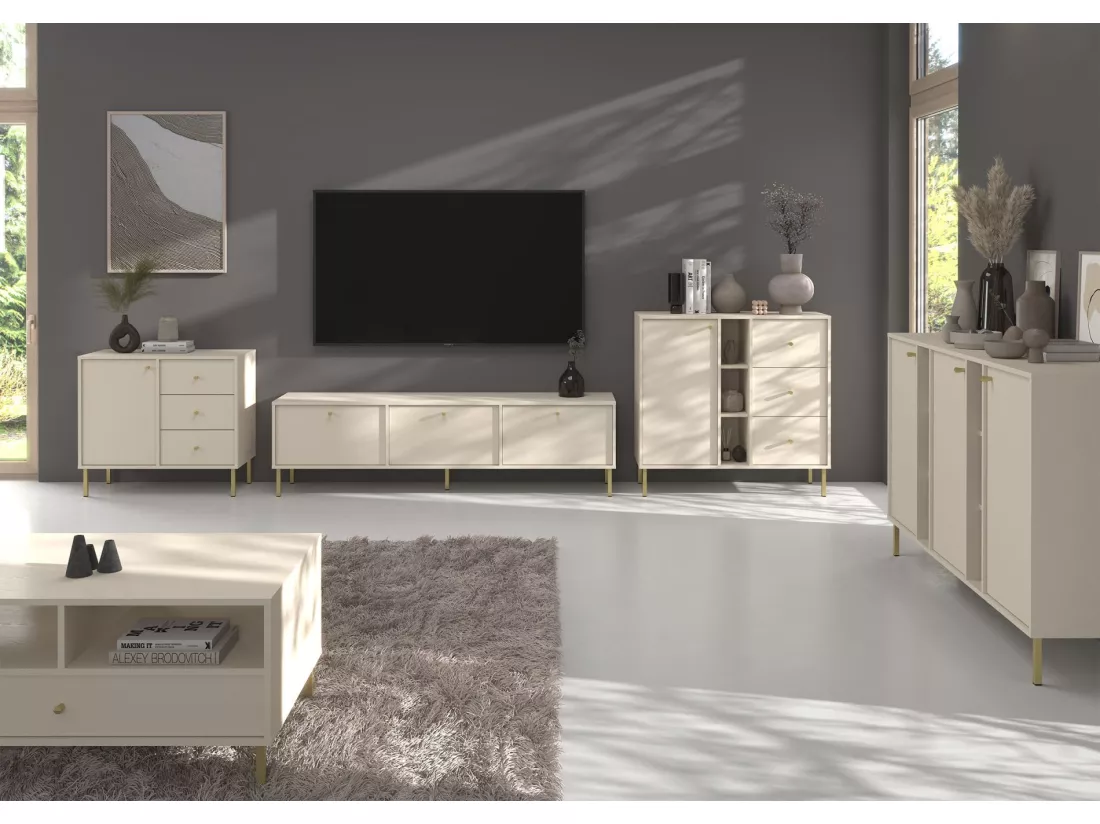 Meuble TV 3 portes avec pieds dorés - 180 cm - beige - OKTIO