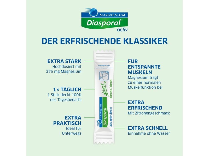 Magnesium Diasporal 375 Activ Direct Zitrone 60 Sticks Veganes Direktgranulat mit Magnesiumcitrat
