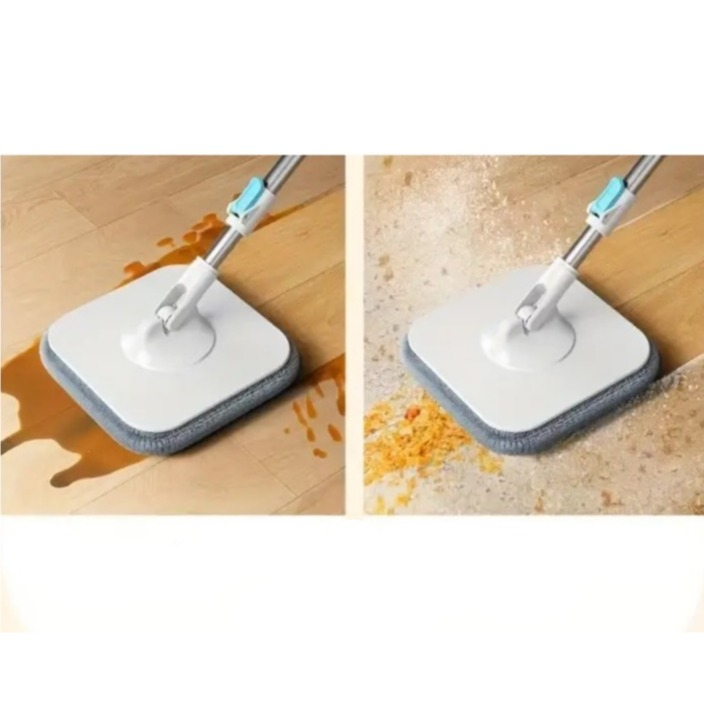 (5-tlg. Set) Dreh Wisch Mopp Bodenreiniger mit Auswringfunktion / Doppelkammer Eimer / Mikrofaser Pads - Weiss / Blau