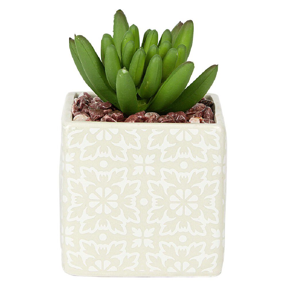 Petite plante grasse artificielle pot en grès motif végétal blanc