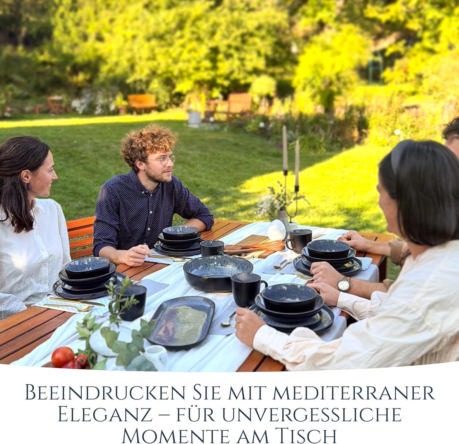 Steingut Geschirrset 6 Personen Ibiza 24 tlg, Traumhaftes Mediterranes Steingut Geschirr Set, Schüssel- und Teller Set, Tafelservice 6 Personen, Geschirrsets Pure Living in Grau/schwarz
