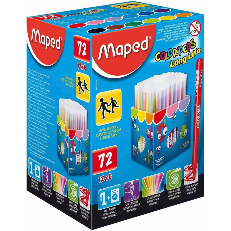 Feutres Maped COLOR'PEPS Long Life - Boîte-présentoir de 72