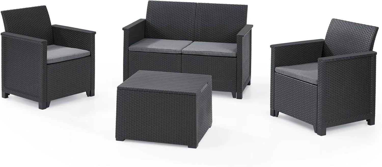 Keter Lounge Set Emma 8-teilig - Graphit, 2 Sessel + 2er Sofa + 1 Tisch mit Truhen-Funktion + 4 Sitzauflagen