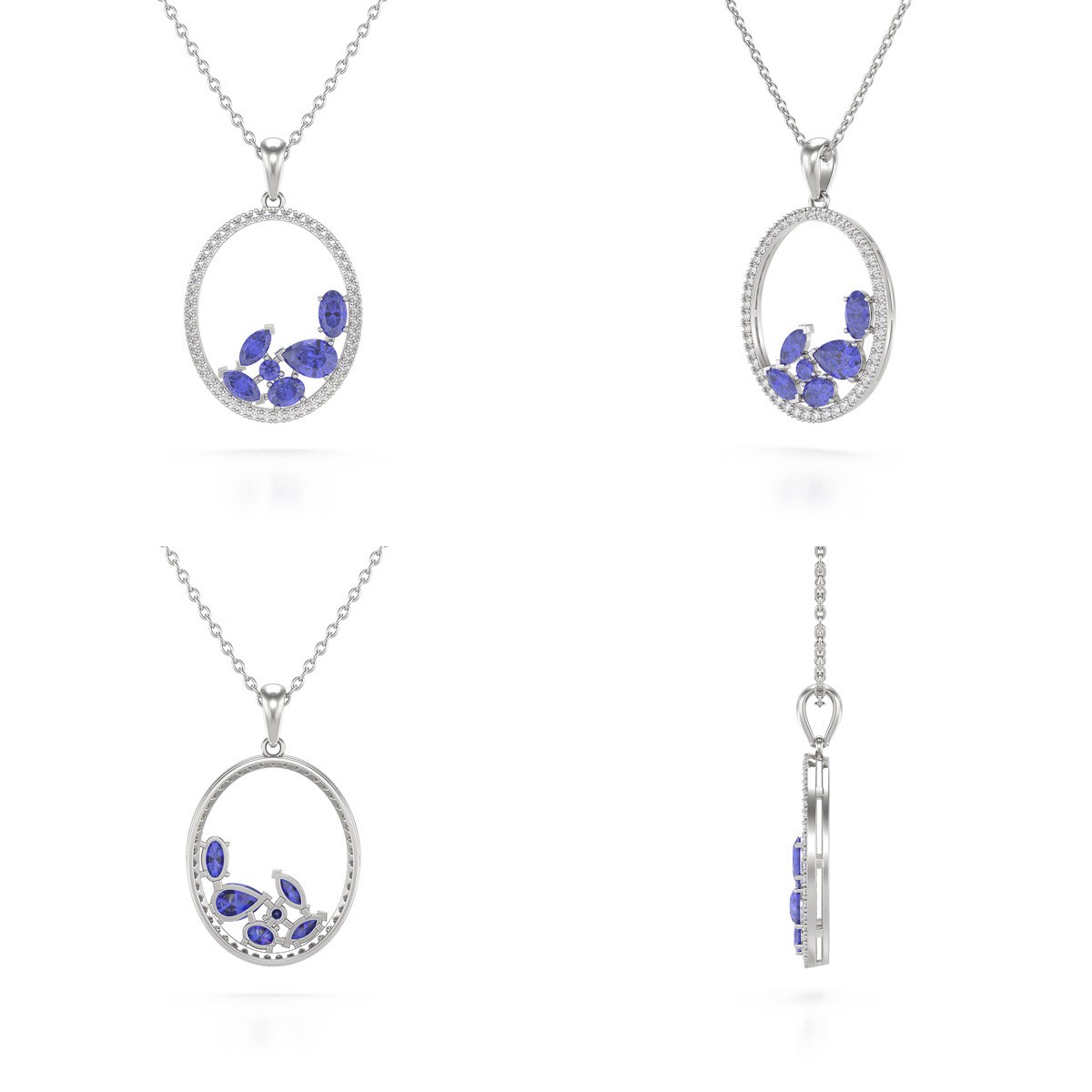 Collier Pendentif Or Blanc 585 Tanzanite et Diamants Chaine Or incluse 2.096grs