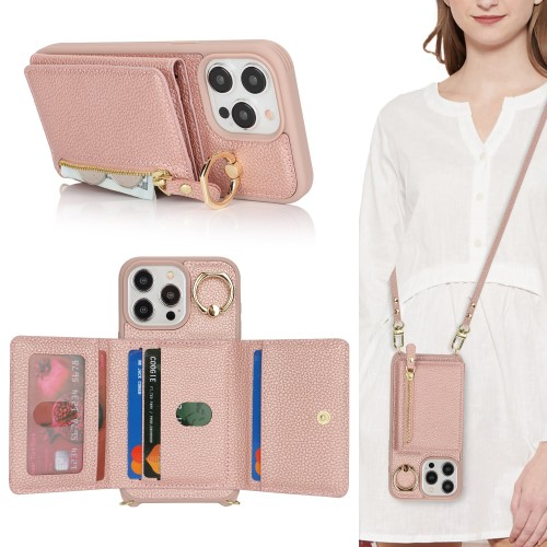 iPhone 14 Pro Necklace Leder Hülle mit Münzfach und Kartenfächer   Finger Griff Halterung   Handykette - Roségold