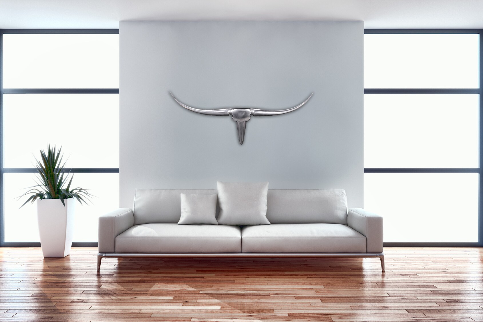 FineBuy Deko Geweih Bull M Aluminium Design Hörner 100cm Wanddekoration Silber