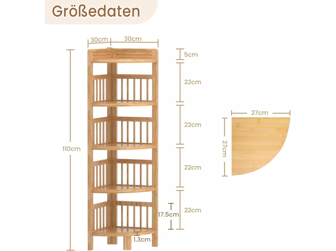 Etagère d'angle 5 niveaux en bambou,Étagère de Rangement pour Salon Salle de Bain Cuisine Balcon Couloir 110 x 30 x 30 cm - Naturel