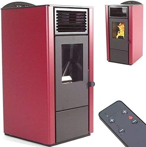 Pelletofen 9,5kW Pelletkamin Pelletheizung Kaminofen 56303 A+ Holzofen Glastür AWZ (schwarz/rot)