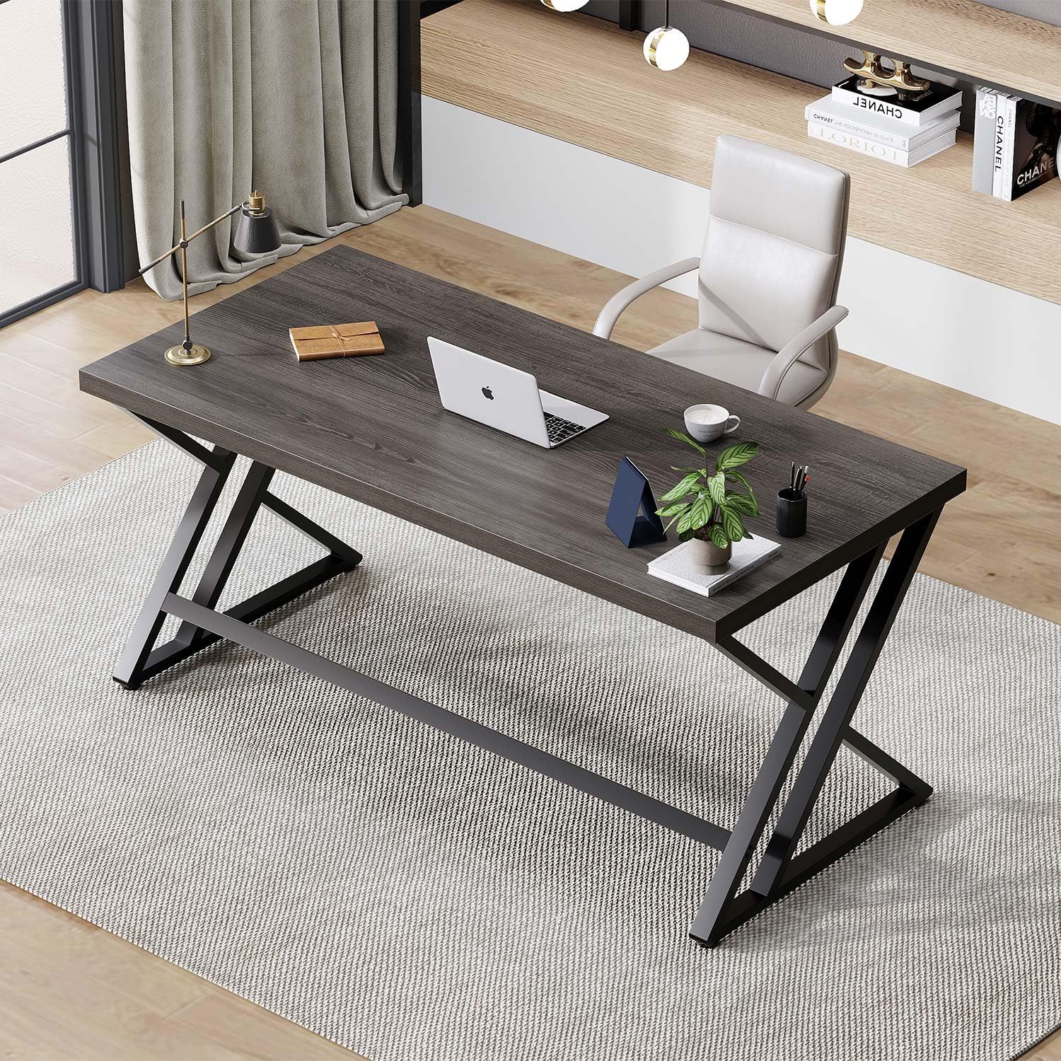 LVB Computertisch Langer Schreibtische PC-Tisch Industrie Design Studiertisch für Studium Bürotisch Holztisch Schlafzimmer Studie Arbeit 140 x 60 x 75.5 cm Dunkel