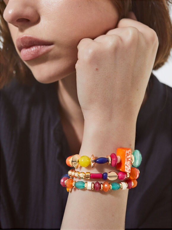 Conjunto de pulseiras elásticas com pedra - Multicolorido