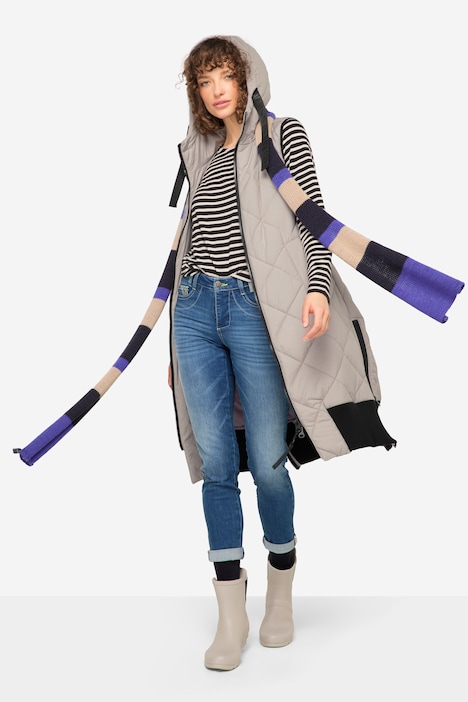 Steppweste, lange Form, Kapuze, 2-Wege-Zipper, Rippsaum