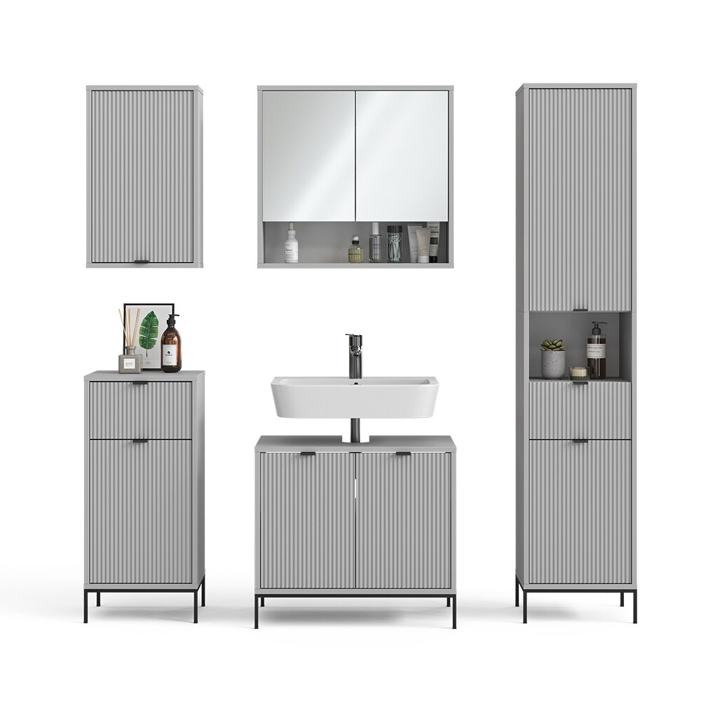 Vicco Badmöbel-Set Eliza, Grau, Badezimmer, moderne Badserie, extravagante Fronten, Waschtischunterschrank, Spiegelschrank, Midischrank, Hängeschrank, Hochschrank