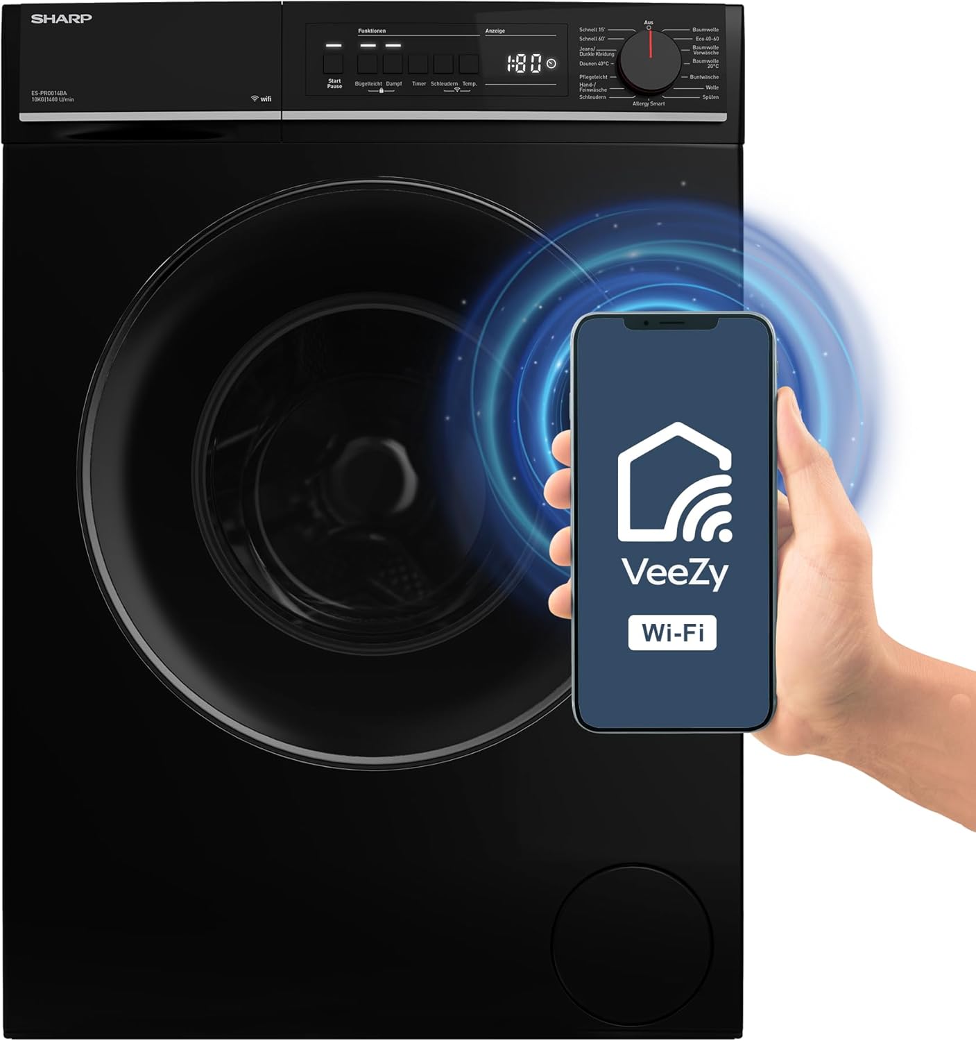 SHARP ES-PRO014BA-DE Waschmaschine Frontlader, 10kg, 1400U/min, Smarte Bedienung durch Veezy App, Dampffunktion, Inverter, 15 Programme, AquaStop, Schwarz
