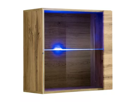 Vitrine carrée suspendue coloris chêne clair avec 1 porte vitrée et éclairage LED inclus. Collection SWITCH.