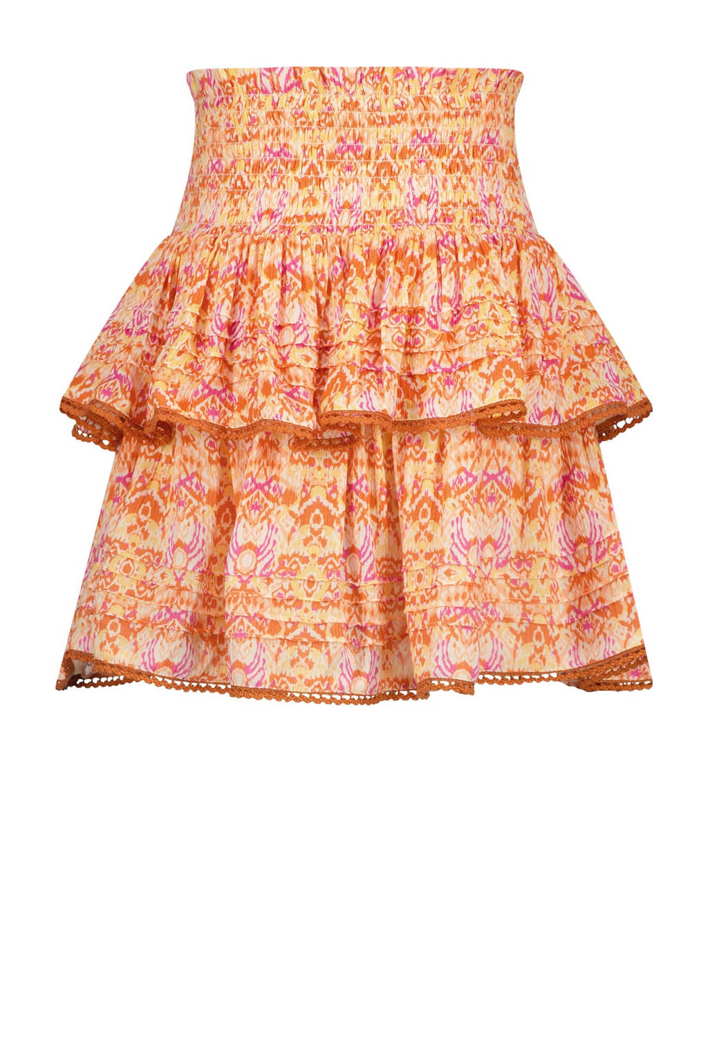 Vingino rok Qalice met all over print en plooien oranje/roze/geel