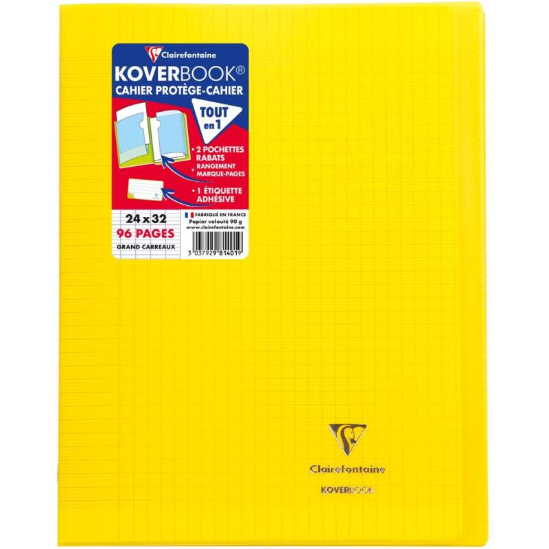 Cahier piqué Koverbook 24x32cm 96 pages grands carreaux couverture polypropylène transparent - Assortis