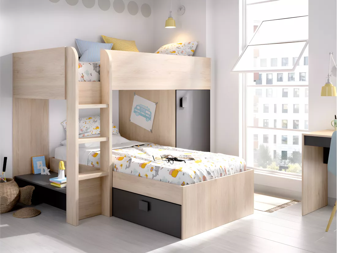 Lits superposés d'angle réversibles RICARDO - 2 x 90 x 190 cm - Rangements intégrés - Chêne et anthracite + matelas