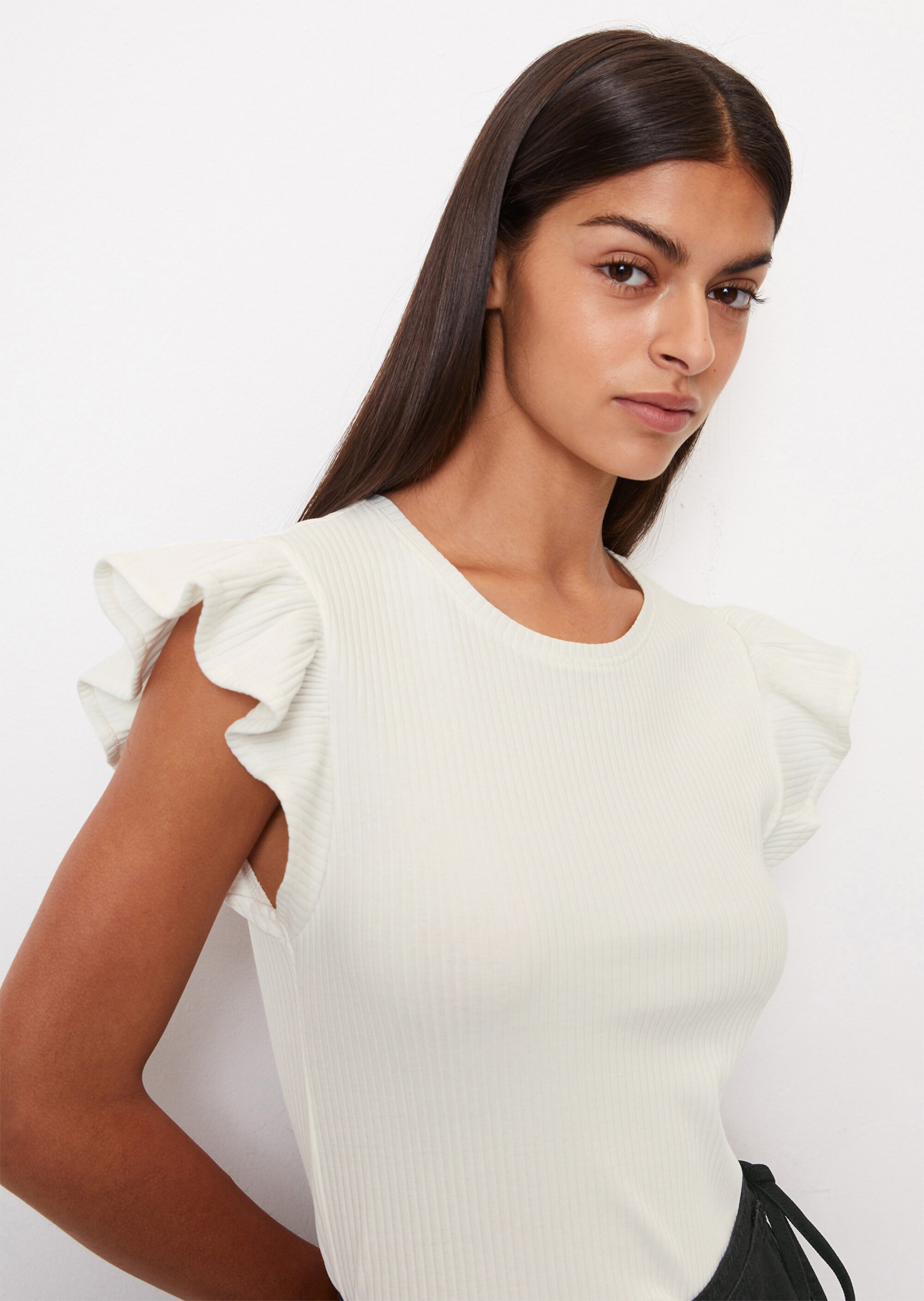 T-Shirt mit Volantärmeln slim aus Ripp-Stretch-Jersey