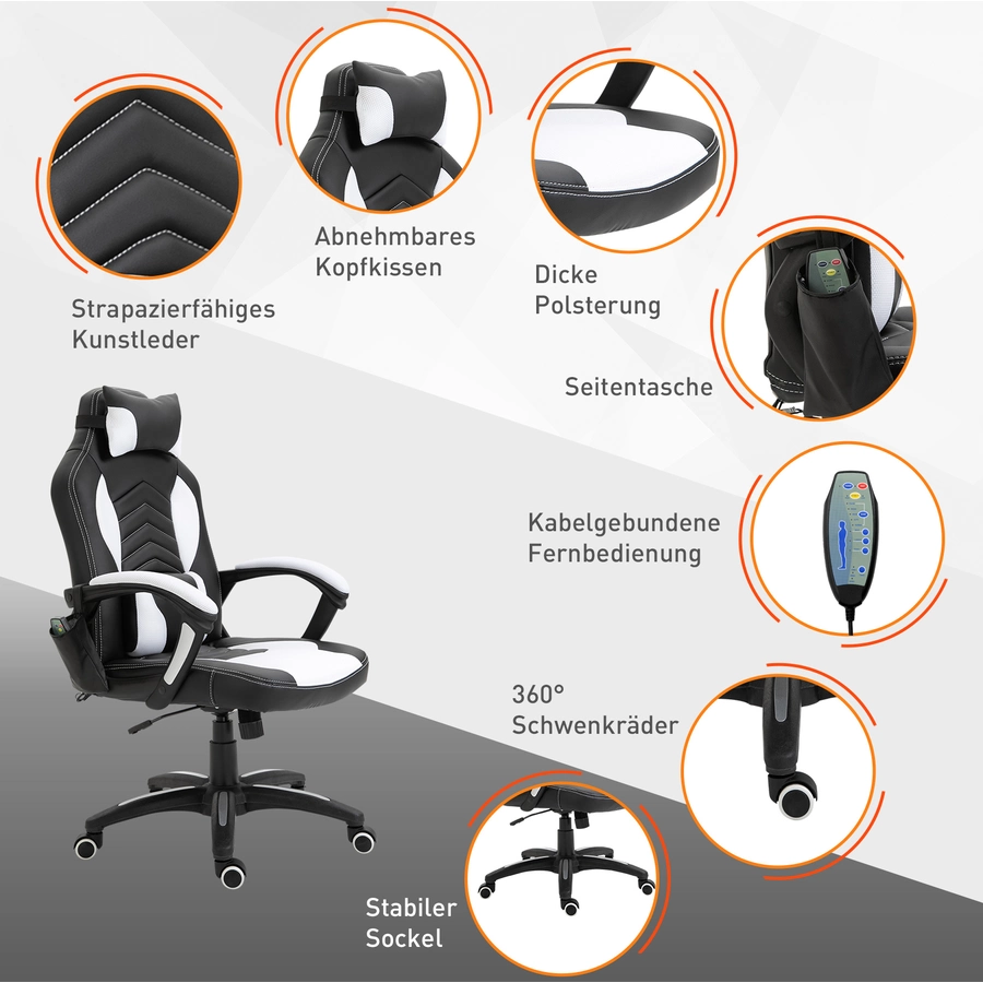 HOMCOM Sportlicher Chefsessel mit Massage- und Wärmefunktion schwarz, weiß