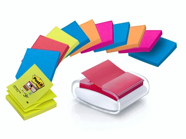 Post-it® Z-Notes PRO dispenser   12 Super Sticky Z-Notes blokke, 76 mm x 76 mm