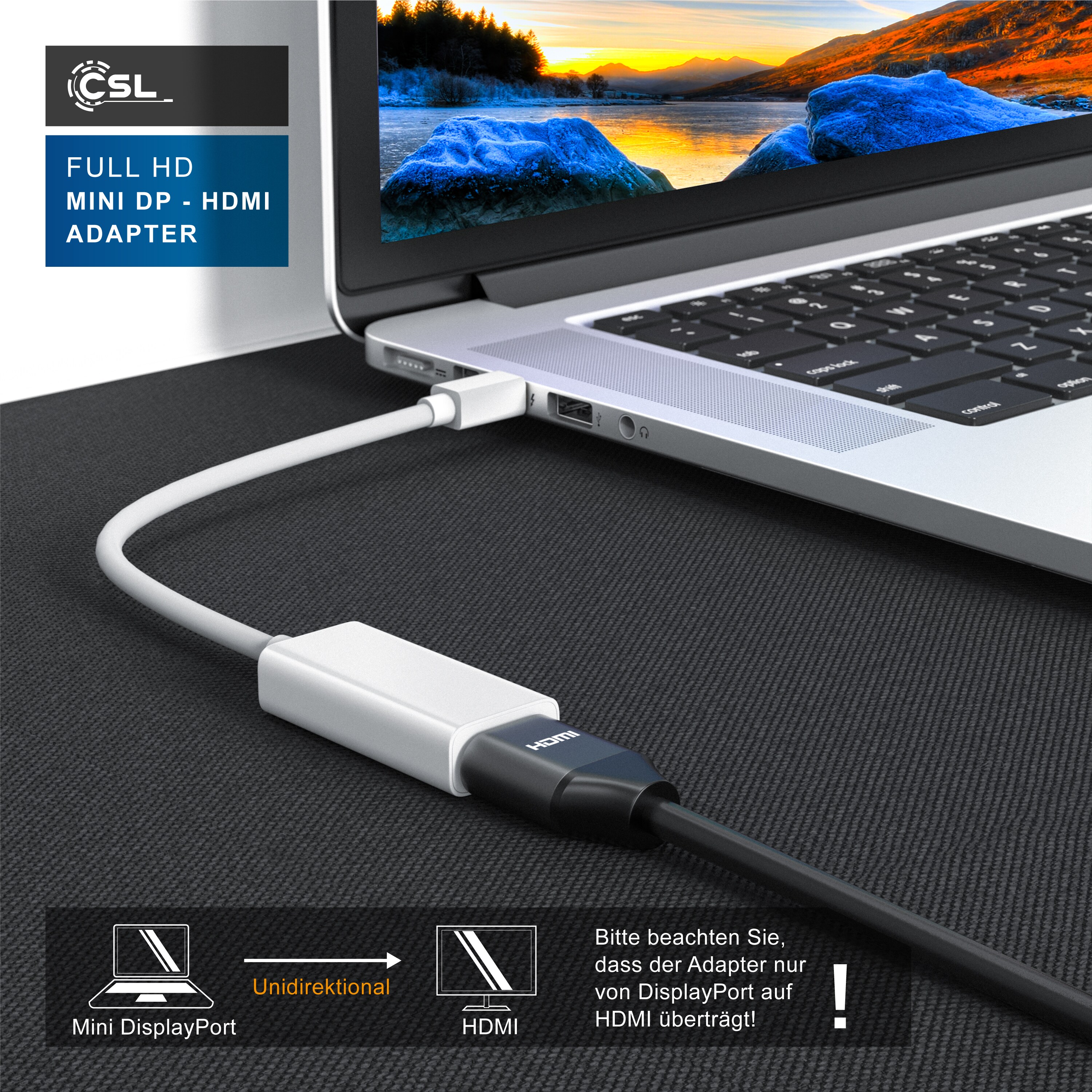 CSL Mini DisplayPort zu HDMI Adapter, Full HD MiniDP zu HDMI Buchse Konverter / Adapterkabel - 0,15m